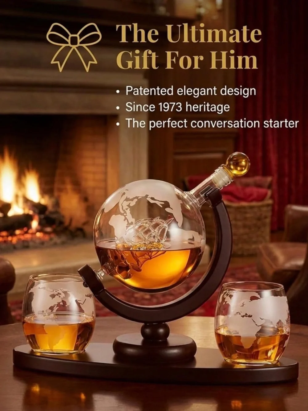 Godinger Voyages Decanter Set with Dark Wood Stand and Etched Globe Glasses